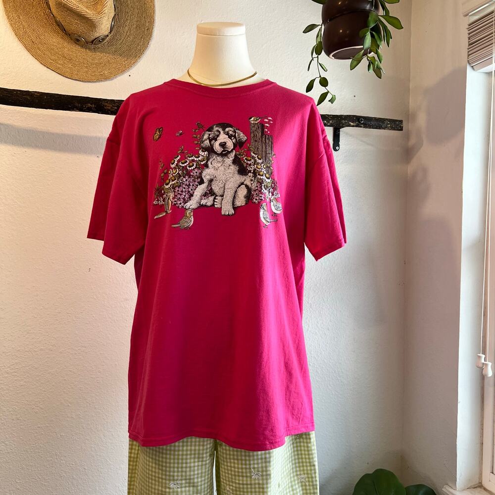 Vintage 90s Pink Dog Garden Graphic Cotton Short Sleeve Tee Size Large